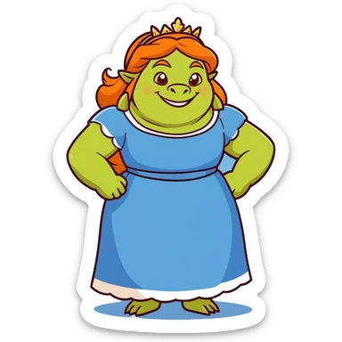 Princess Fiona ogre form, wearing a blue dress, smiling sticker