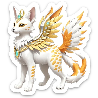 Epic complex fantasy glorious detailed futuristic divine godly angelic feathery sunny, white, albino, pastel, golden, orange glowing sparkly, realistic Fakémon-Sprigatito-Floragato-Meowscarada-Trico-Sergal-Serval-Solgaleo-Vernid-creature (full body) solarpunk, shiny sparkly with a gold laurel sticker