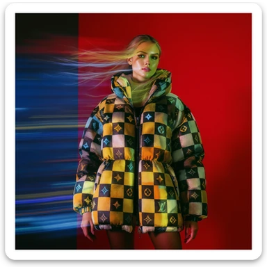 Medium shot, "Echo print effect" motion blur, Photo of a woman dress in abstract (black orange green and blue) grid puffer Louis Vuitton jacket, red solid background, express body, spot light with hard light sticker