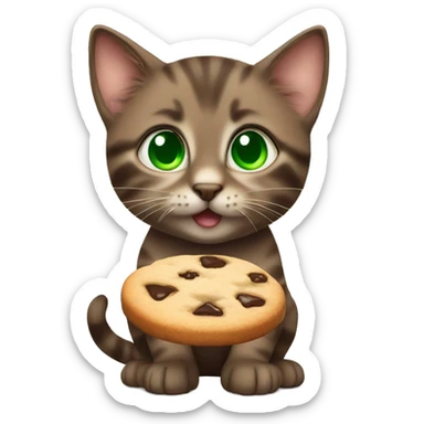 Little brown kitten with green eyes eating a cookie sticker