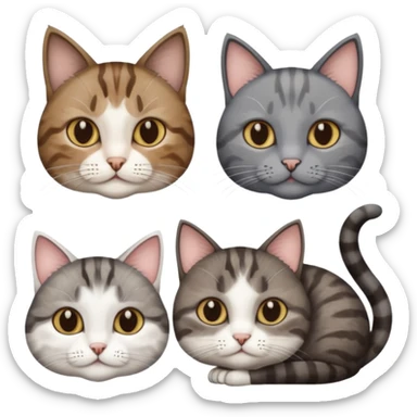 3 different coloured short haired cats including; a dark brown tabby and white cat, and a dark grey and white  sticker