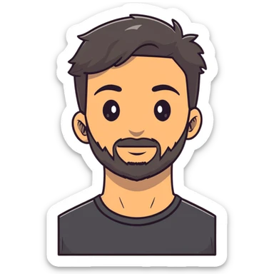 young man with wheatish skin, beard, age 24, wearing black tshirt sticker