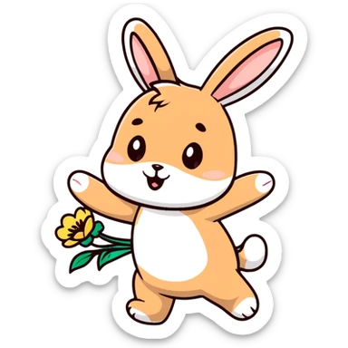 pale brown bunny spinning with flower petals around sticker