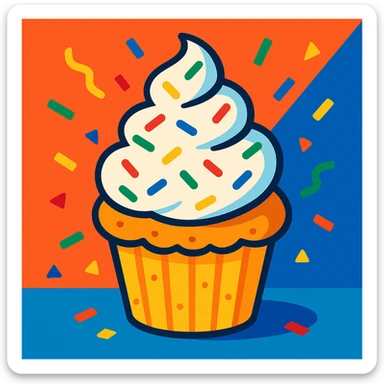 muffin with a tall swirl of whipped cream and rainbow sprinkles, lively and celebratory sticker