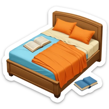 bed with a wrinkled light blue blanket, cream mattress, and one pillow out of place on the floor. Around the bed, scattered items include an orange t-shirt, greenish-blue pants, and an open book on the floor. The background is transparent sticker