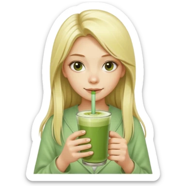 A blonde girl with long hair offers a glass of matcha latte with two straws sticker