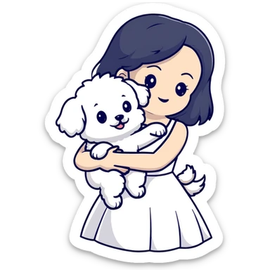 A beautiful girl with long black hair wearing a white dress holds a small white Bichon Frise in her arms sticker