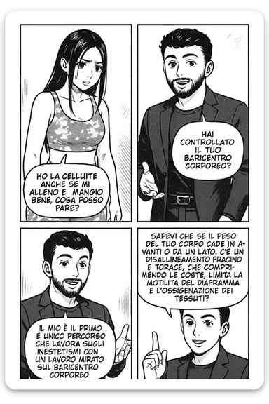 TRASFORMA QUESTO CAROSELLO IN UN FUMETTO STILE MANGA CON QUESTE DUE PERSONE IDENTICHE CHE INTERLOQUISCONO TRA LORO:

LEI: Ho la cellulite anche se mi alleno e mangio bene, cosa posso fare?

LUI: Hai controllato il tuo baricentro corporeo?
LUI: Sapevi che se il peso del tuo corpo cade in avanti o da un lato, c’è un disallineamento fra bacino e torace, che comprimendo le coste, limita la motilità del diaframma e l’ossigenazione dei tessuti?
LUI: Il mio è il primo e unico percorso che lavora sugli inestetismi con un lavoro mirato sul baricentro corporeo. sticker