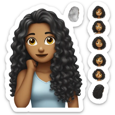 Tan girl with black long curly hair posing with hand in hair sticker