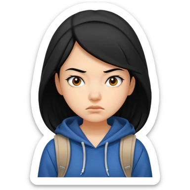 college student with annoyed face , black hair , with hoodie and backpack , girl sticker