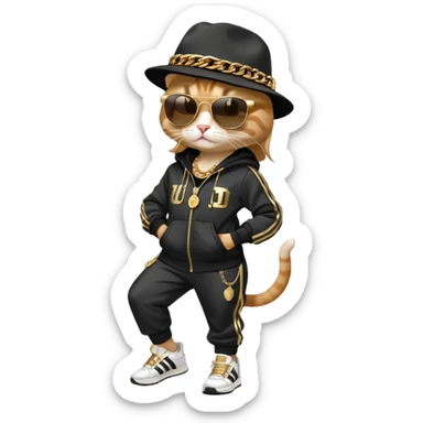 female cat dressed like Run DMC with tracksuit, fedora, Adidas shoes, dark sunglasses, lots of gold chains, upright sticker