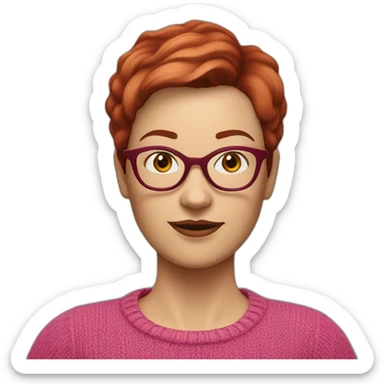45-year-old Dutch white woman with bordeaux red colored short hair, pink sweater and gold glasses sticker