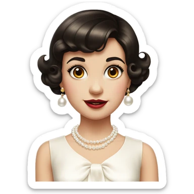 Cute girl 1950s short dark brown hair with fringe, white pearl necklace, gold bow earrings and white dress sticker