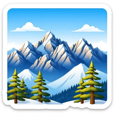 Huangshan Yellow Mountain winter snow peaks with pine trees, simplified emoji style with bold outlines and bright colors, cartoon style snowy mountains sticker