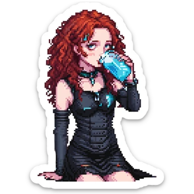 goth girl with red curly hair drinking water sticker