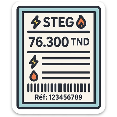 flat vector-style icon of a Tunisian STEG electricity and gas bill, rectangular bordered paper, text '⚡STEG🔥' at the top, large amount '76.300 TND', barcode at the bottom, reference line 'Réf: 123456789', horizontal lines or boxes for bill details, clear electricity (⚡) and gas (🔥) icons, clean modern Tunisian-inspired color palette, clear iconography, no background sticker