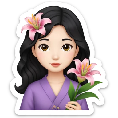 Asian girl, black wavy hair, cute, lily flowers  sticker