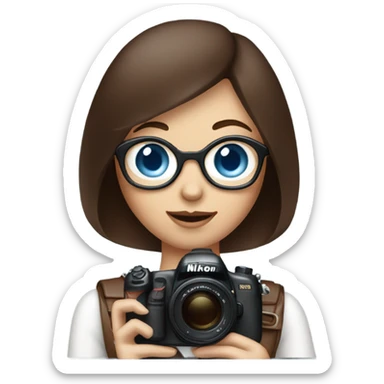 Portrait of stylish woman with blue eyes and chocholate bob hair holding a nikon camera sticker