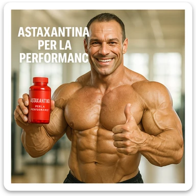 hyper realistic bodybuilder showing red bottle of astaxanthin with thumbs up, defined muscles, text 'Astaxantina per la performance', bright environment, motivational atmosphere sticker