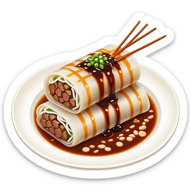 Beef rice noodle roll Ngau Yuk Cheung Fun with dark sauce drizzled on top, simplified emoji style with bold outlines and bright colors, cartoon style Cantonese street food sticker