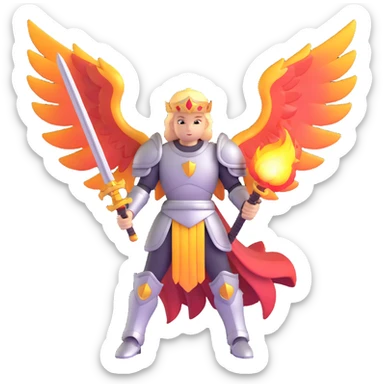 Archangel Michael in armor with flaming sword and large wings sticker