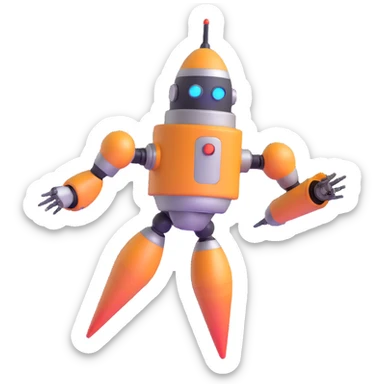 robot with rocket thrusters taking off sticker