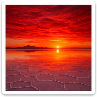 sunset over the Uyuni salt flats, red sky and salt plains, reflected sunset, calm and beautiful atmosphere sticker