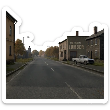 a view of the city street in a videogame: DayZ - in the town of berezio "lumber" sticker