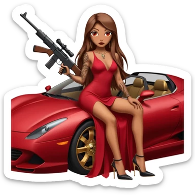 Lilith tan skinfemale red eyes symbol. Tattoo arms. Her hair is brown straight long hair.wearing sexy long ruby covered dress with slit. black stiletto thick platform high heels shoes on. Sitting on gold giant luxury car with cash on her. She is holding a sniper rifle in one hand cash in other hand sticker