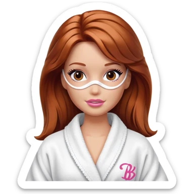 A Barbie face with shoulder-length reddish-brown hair, makeup, a smeared face mask, and a bathrobe. sticker