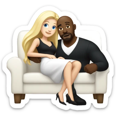 Blonde woman with blue eyes and long straight hair wearing a short black dress and a black man who is bald with a goatee seated together on a sofa enjoying a passionate embrace.   sticker