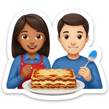 smiling tan girl with dark hair and white guy with dark hair eating lasagna sticker