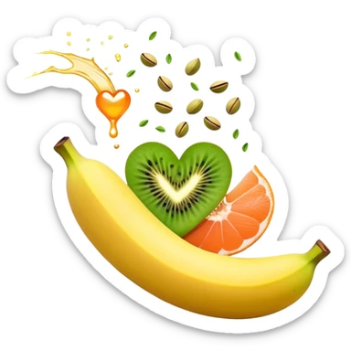 Banana, spinach, salmon fillet, sliced kiwi, pistachios, and a glass of orange juice emitting electrical sparks that flow toward a heart and nervous system. The electrical currents highlight the role these potassium-rich foods play in maintaining heart rhythm and muscle function. sticker