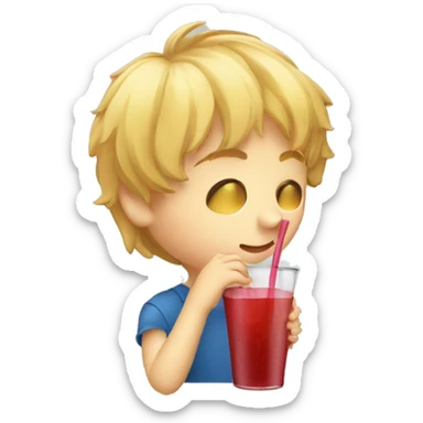 A blonde boy sucking or drinking juice with a straw while his hand is holding the drink, profile view sticker
