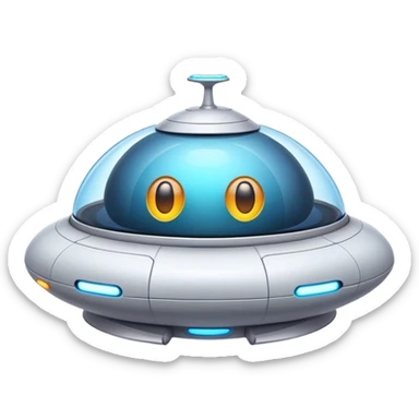 Design a simple, friendly spaceship with a smooth, rounded shape. Add a clear 'face' on the front using glowing lights for eyes and a curved line for a smile, giving it personality. Use a plain background to keep the focus on the ship sticker
