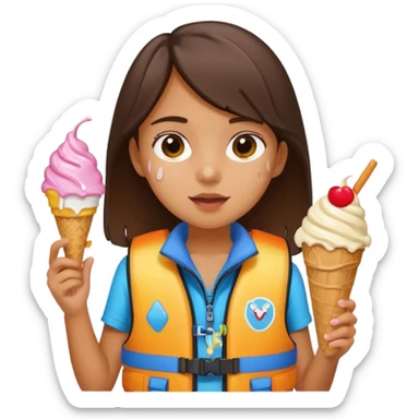 girl kid wearing lifejacket, holding ice cream sticker