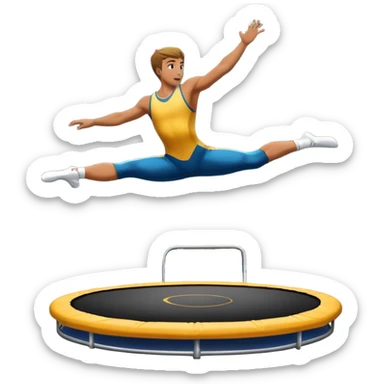 An athletic person soaring high above a trampoline, executing an acrobatic flip with perfect form. The scene captures motion and energy, with a dynamic pose, stretched limbs, and a focused expression. The background suggests a professional trampoline arena with safety padding. sticker