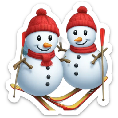two snowmen in red hats skiing sticker
