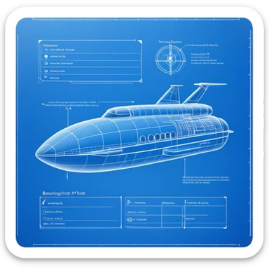 blue blueprint plan with white lines, side view sticker