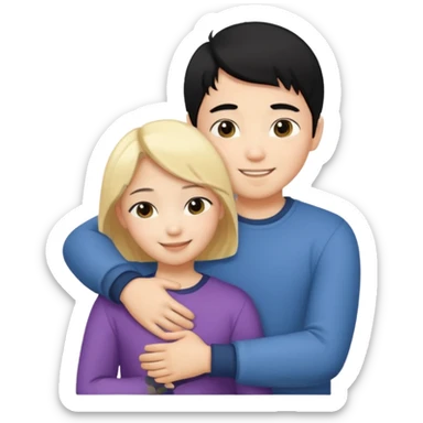 asian boy with black hair and blonde girl hugging sticker