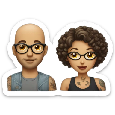Young Bald man with tattoos. And Young curly-haired lady wearing glasses sticker