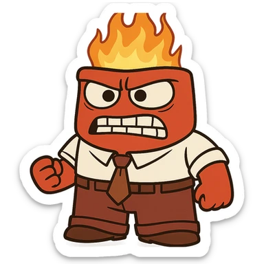 Inside Out's Anger, blocky red body, white shirt, brown tie, flames on head, cartoonish sticker