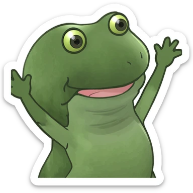 happy green bufo frog jumping with arms up, beach background, sunlight shining, party mood sticker