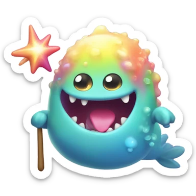 Kawaii derpy fat rainbow sea monster with magic wand  sticker