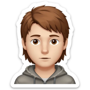 A young white boy with brown hair and eyes, with slightly long, straight and disheveled hair with wolf cut, Make it look aesthetic,  sticker