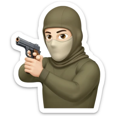 guy in a balaclava shooting a pistol with bullet firing sticker