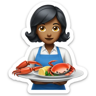 waiter girl with black hair in a blue apron holds crab in a plate sticker