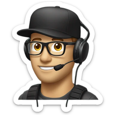 light scruff white man in a backwards baseball black hat and rectangle glasses wearing headphones with microphone - brown hair sticker