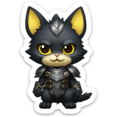 chibi monster hunter palico with all black fur and black face, on hind legs wearing armor, yellow eyes, happy and cute expression sticker