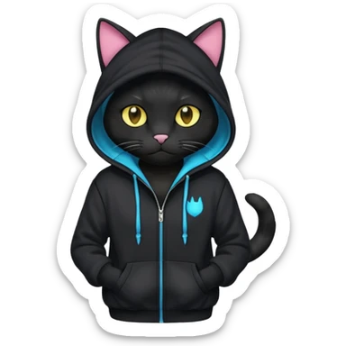 Black cat wearing a hoodie fursona (full body) sticker